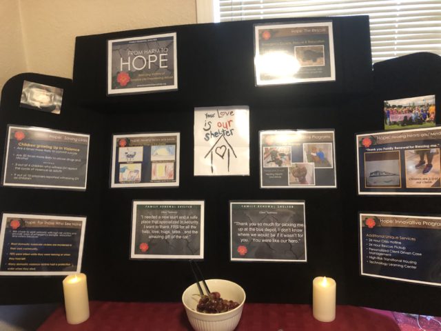 Black posterboard with information about the Family Renewal Center in Tacoma, WA